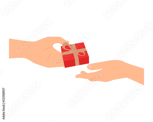 Hand giving present box to another hand. White background. Flat vector illustration.