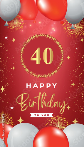 Obraz na płótnie 40th Birthday celebration with red and white balloons, gold frames, fireworks on red background. Premium design for ceremony, banner, poster, birthday invitations, and Celebration events. w salonie