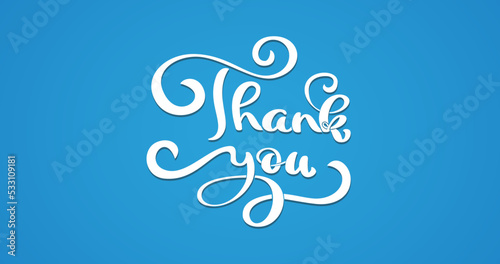 Vector text thank you in white color on the blue background hand-drawn vintage. Calligraphy lettering illustration
