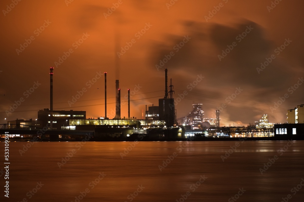 Nocturnal Linz industrial area on the Danube