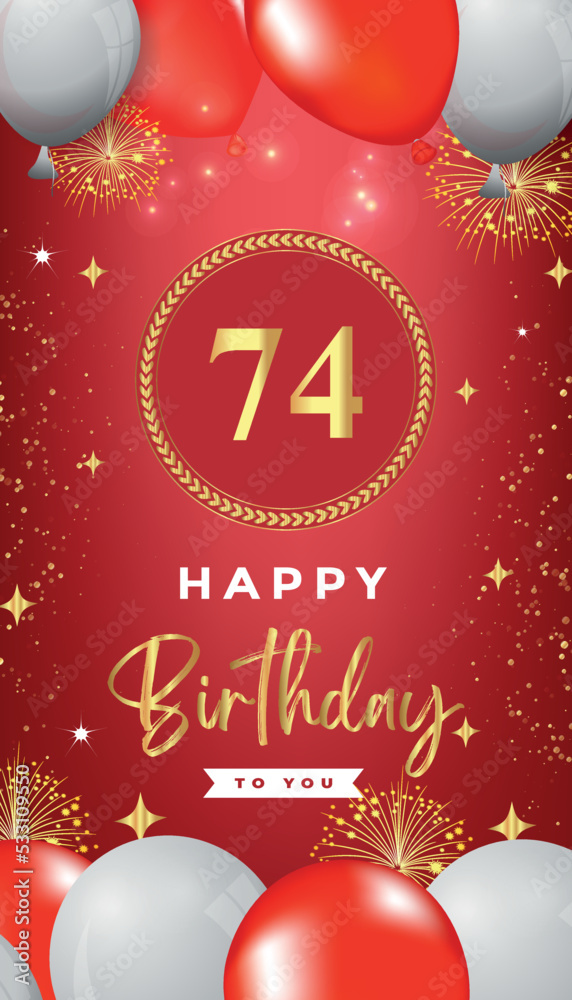 74th Birthday celebration with red and white balloons, gold frames, fireworks on red background. Premium design for ceremony, banner, poster, birthday invitations, and Celebration events. 