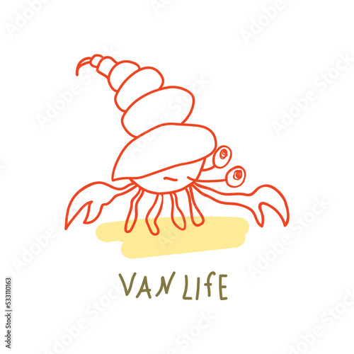 Vanlife. Crab. Motorhome life concept. Hand-drawn.