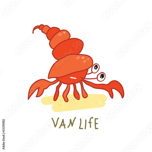 Vanlife. Crab. Motorhome life concept. Hand-drawn.