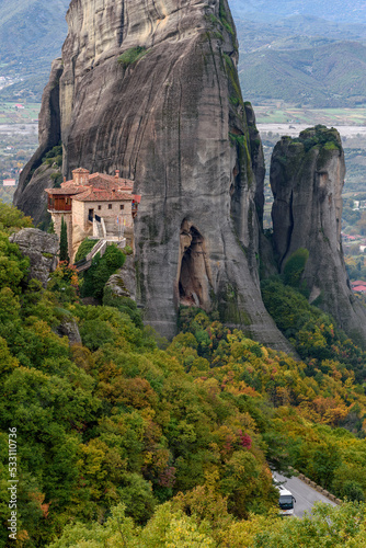 Roussanou monastery  an unesco world heritage site   located on a unique rock formation  above the village of Kalambaka during fall season.