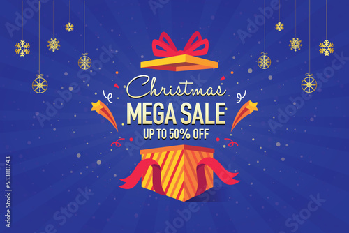Christmas Mega Sale Offer logo unit with unboxing celebration graphics. Logo Design, Icon, Poster, Unit, Label, Web Header, Vector, illustration, Tag, Christmas Celebration background, Sign, Symbol.