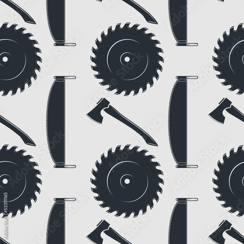 Woodworking seamless pattern with Circular Saw Blade, Hand Saw and Axe. Vector illustration