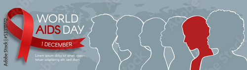 World AIDS Day. Long horizontal banner with red ribbon, space for text and diverse people. Vector flat illustration.