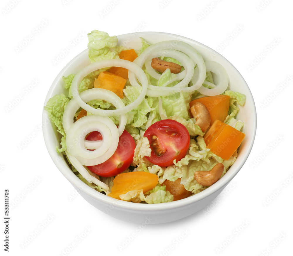 Bowl of delicious salad with Chinese cabbage, tomatoes and onion isolated on white Bowl of delicious salad with Chinese cabbage, tomatoes and onion isolated on white