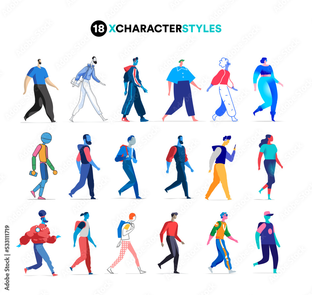 Gruppo di personaggi vettoriali realizzati in diversi stili grafici 