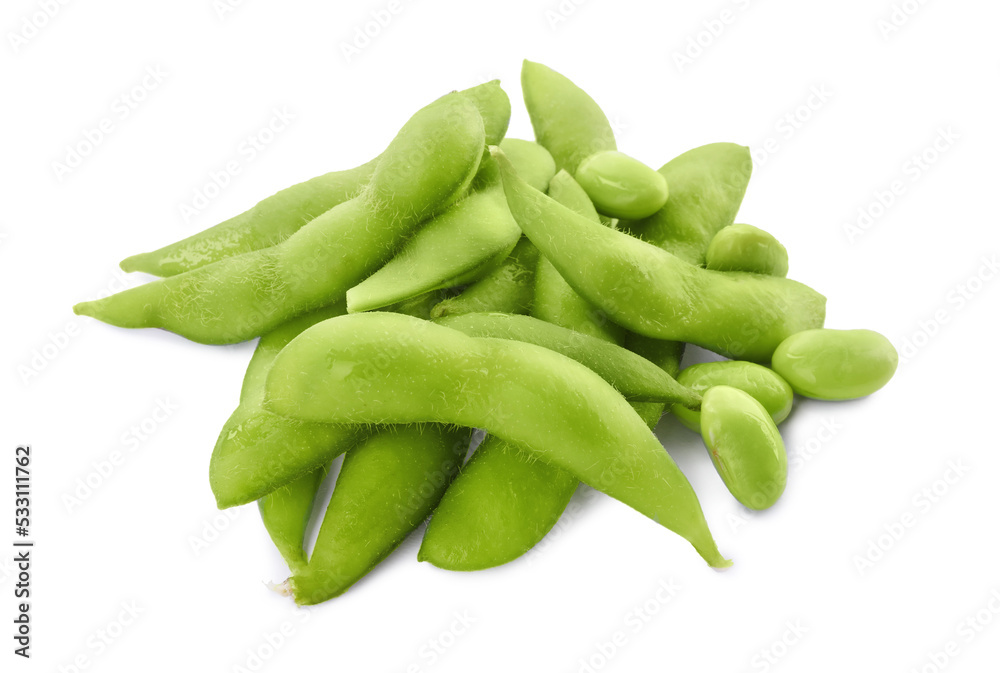 Fresh green edamame pods with beans on white background Fresh green edamame pods with beans on white background