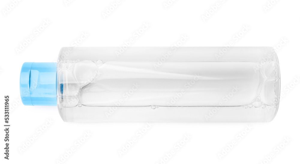 Bottle of micellar cleansing water isolated on white, top view Bottle of micellar cleansing water isolated on white, top view