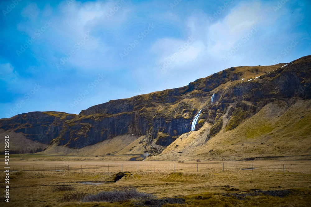 Landscape with mountains  and waterfall in Iceland