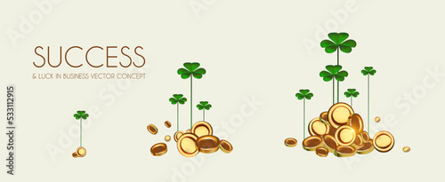 Money growth concept with Shamrock plants (symbol of luck) and golen coins.