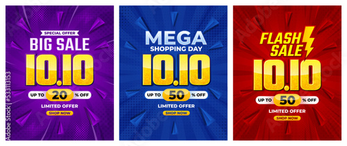 10.10 Shopping day 2022 big sale, mega sale, flash sale banner background for business retail promotion vector for banner, poster, social media feed