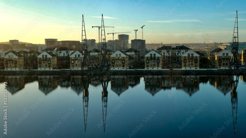 sunset in the harbor of london