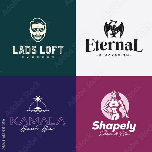 RETRO LOGO COLLECTION can be used for businesses like Barber Shops, Hair Salons, Blacksmiths, Crafts, Beach Bars, Aerobic and Fitness Coaching, Gym.