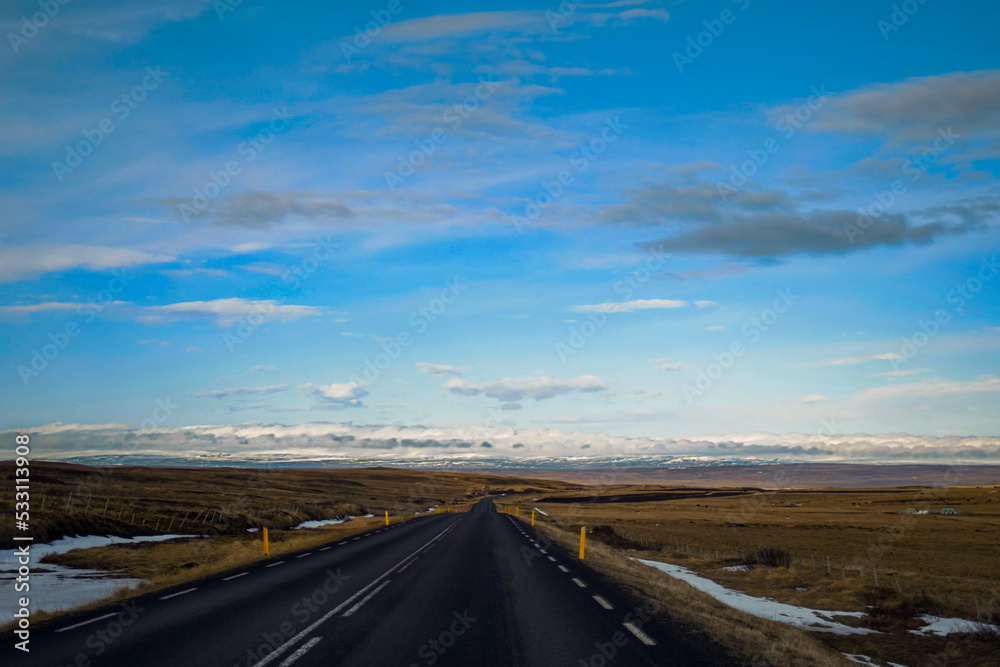 Panorama landscape road with clouds in Iceland