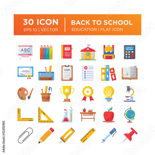 Set of flat icons about back to school. Contains such icons as education, success, academic subjects and more. Editable vector 