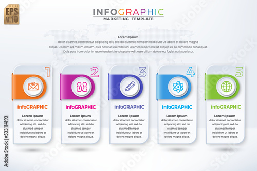 Infographic vector Business colorful template design simple icons and shiny bar 5 options or steps iisolated Minimal style. You can used for Marketing process, workflow presentations layout, print ad.