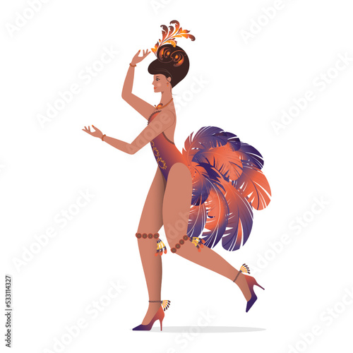 Brazilian samba dancer dancing at the carnival. Modern ballroom and ethnic dances. A dancer in motion, in the studio, on stage or in a dance hall. Vector illustration..