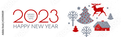 Happy New 2023 Year Christmas flyer with reindeer and winter landscape. Nordic design