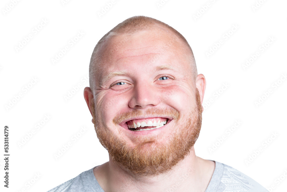 Laughing red-haired man with a beard and beautiful blue eyes. Positivity, optimism and emotions. Isolated on white background. Close-up.