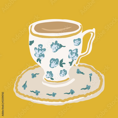 Cups tea or Cozy coffee Mug with floral pattern and different flowers plant ornaments art print elements vector cartoon illustration.