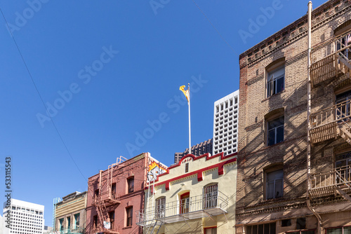 view to streets and historic buildings in Chinatown, California street. San Francisco Chinatown is the largest Chinatown outside of Asia as well as the oldest Chinatown in North America.