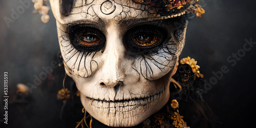 female skeleton with make up and large fancy hat, Calavera Catrina, Mexican day of the Dead
