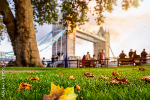 London during golden autumn time with colorful tree leaves under sunset sunlight in front of the defocussed Tower Bridge photo