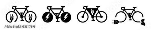 Set with electric bike vector icons. Charge battery for bicycle. Green transport. Eco bicycle and lightning.