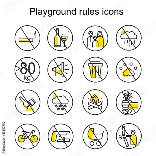 A set of modern vector icons of the rules of use of the playground, prohibiting signs on the playground