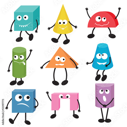 Characters, Multicolored volumetric geometric shapes of kawaii, color vector illustration