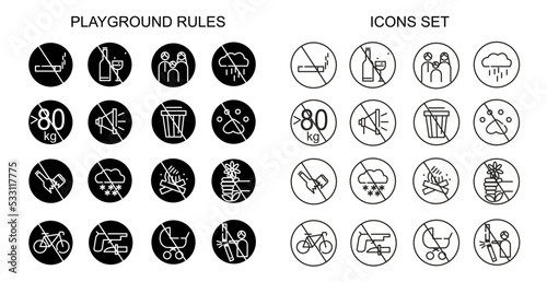 Playground rules black and white icons, playground round modern vector icons set, playground prohibition signs