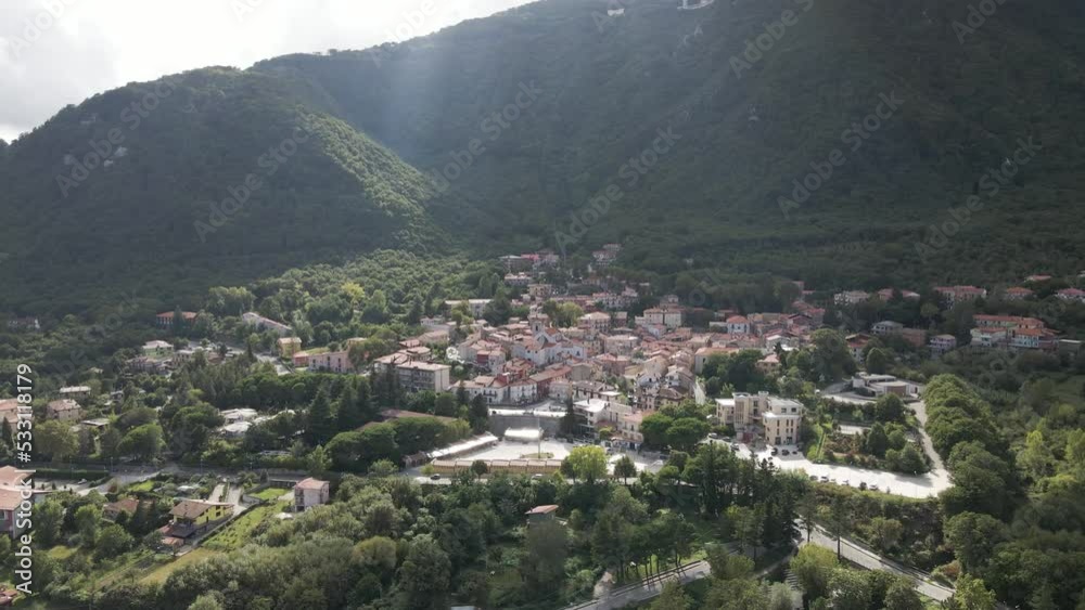 Aerial view of Ospedaletto d'Alpinolo, a small town in Irpinia at sunset, Avellino, Italy. Aerial view of Ospedaletto d'Alpinolo, a small town in Irpinia at sunset, Avellino, Italy.