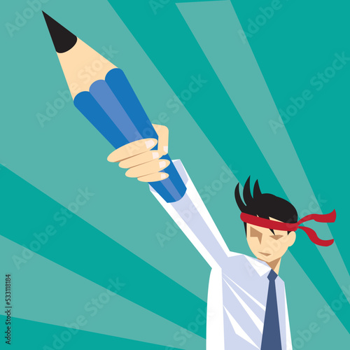 Exam concept. Young man holding pencil ready for solving problems-vector