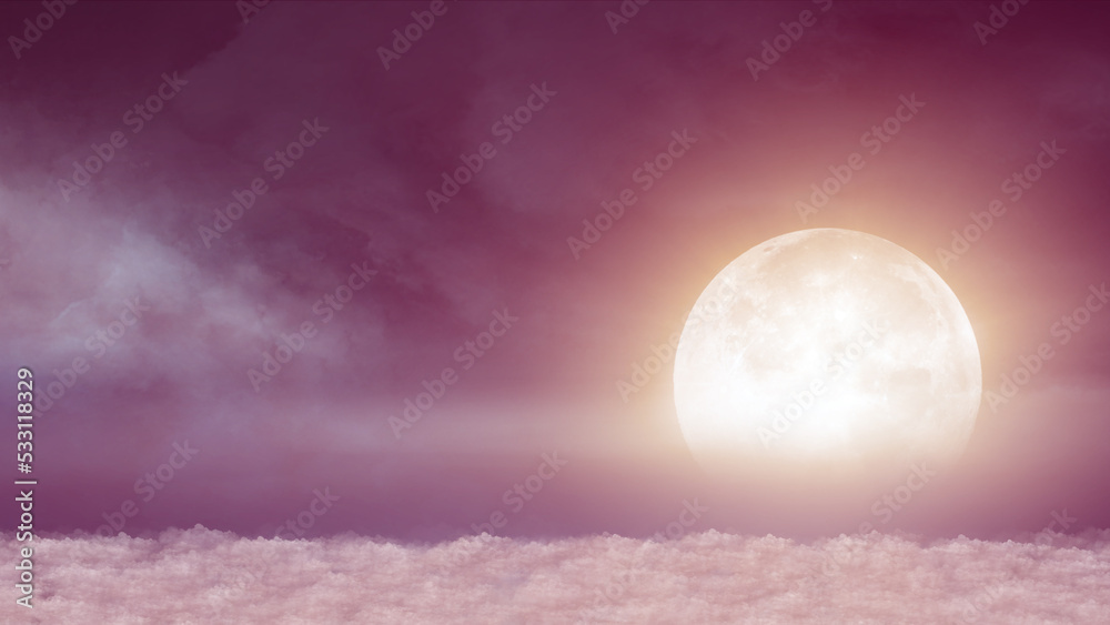 Beautiful realistic flight over cumulus lush clouds in the night moonlight Beautiful realistic flight over cumulus lush clouds in the night moonlight