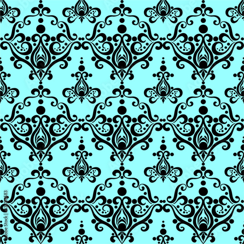 symmetrical seamless ornament tile of black graphic abstract elements on a green background, texture, design