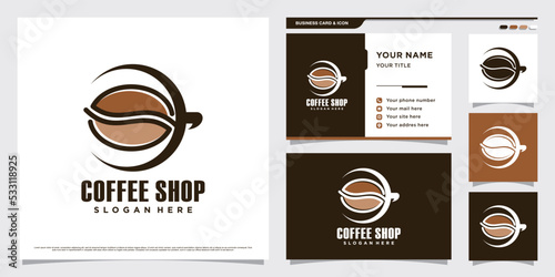 Coffee shop logo design illustration with coffee cup icon and business card template