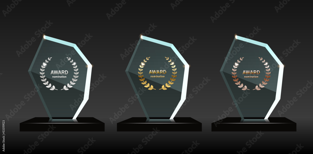 Award glass trophy vector illustration. Realistic crystal acrylic prizes with blank golden, silver and bronze badge medals for winners,