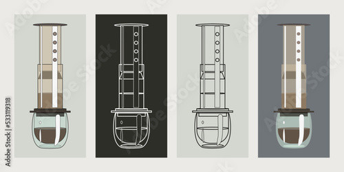 Aeropress coffee maker. Alternative method of brewing coffee. Flat and line vector illustrations.