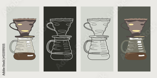Drip filter. Pure over coffee brewing method. Vector illustration in flat and line style.