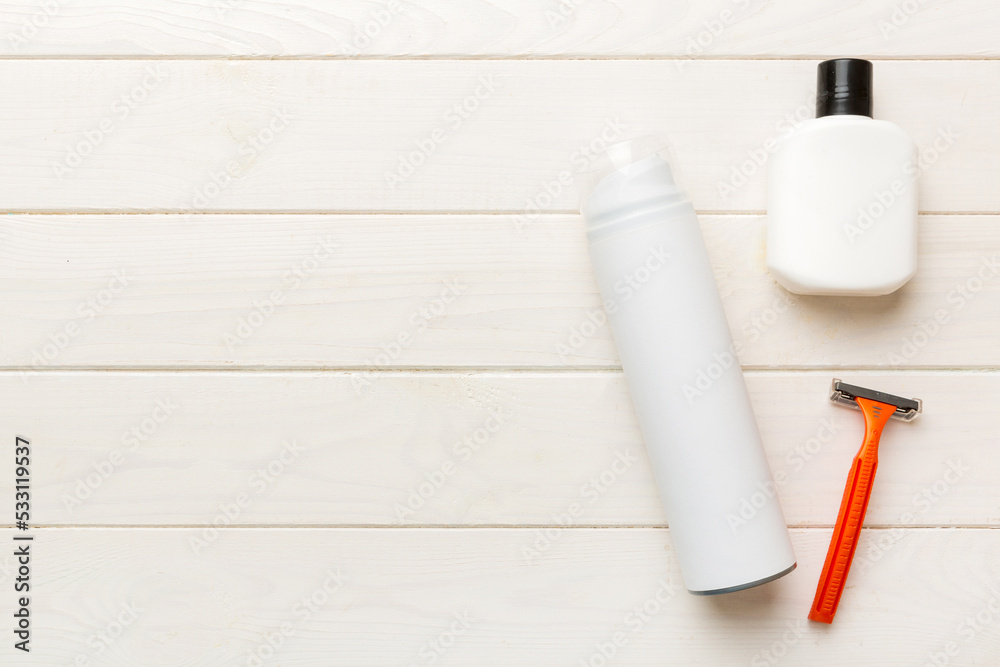 shaving man set. shaving machine, towel, lotion and shaving foam on colored background. Men bath Accessories top view shaving man set. shaving machine, towel, lotion and shaving foam on colored background. Men bath Accessories top view