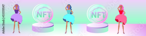 Banner for NFT sale. Pixel girls stand next to podiums with NFT coins. Vector graphics. Banner for cryptocurrencies. photo