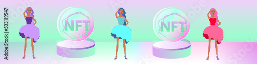 Banner for NFT sale. Pixel girls stand next to podiums with NFT coins. Vector graphics. Banner for cryptocurrencies.