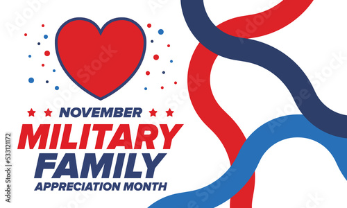 National Military Family Month in United States. Celebrate annual in November. Thank you for military family. Patriotic american elements. Poster, card, banner, background. Vector illustration