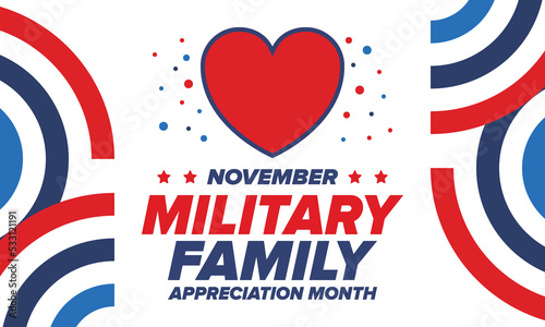 National Military Family Month in United States. Celebrate annual in November. Thank you for military family. Patriotic american elements. Poster, card, banner, background. Vector illustration