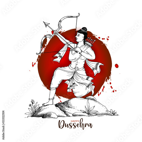 Happy Dussehra festival greeting card with lord rama holding arrow and bow