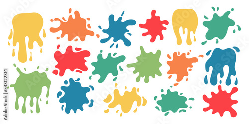 Vector paint cartoon splashes set. Abstract splashes, liquids and drops. Colorful paint splatter collection. Splay paint set.