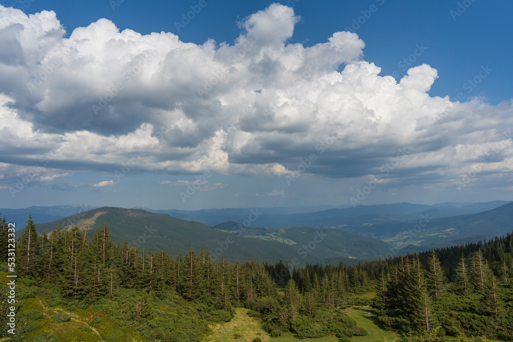 Beautiful hilly area on a sunny day in summer. Picturesque scene in the Carpathians mountains, Ukraine